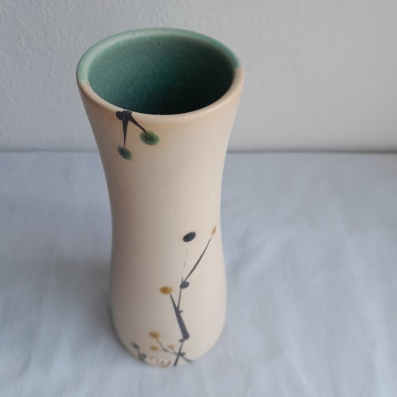 Vase MCM Mid Century Modern Floral Swirl Blue Teal Green Cream White - Picture 6 of 8